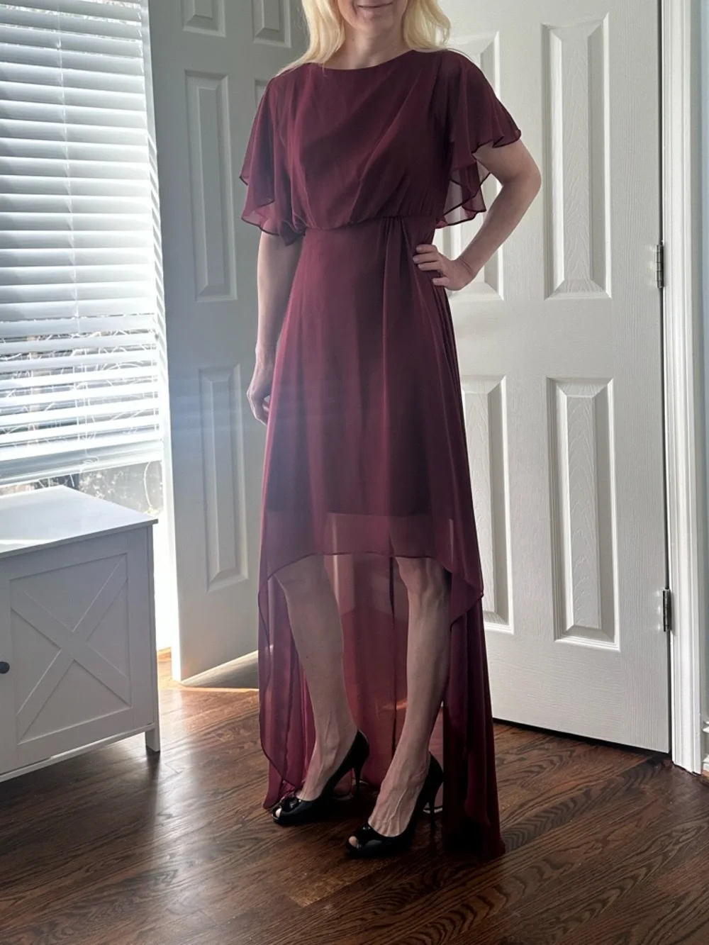 Women’s Burgundy High-Low Chiffon Event Prom Mother of the Bride Dress 2 - Picture 5 of 10
